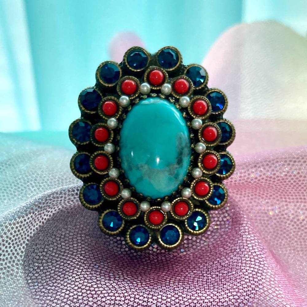 Sweet Romance Turquoise Red Gemstone Ring Adjustable